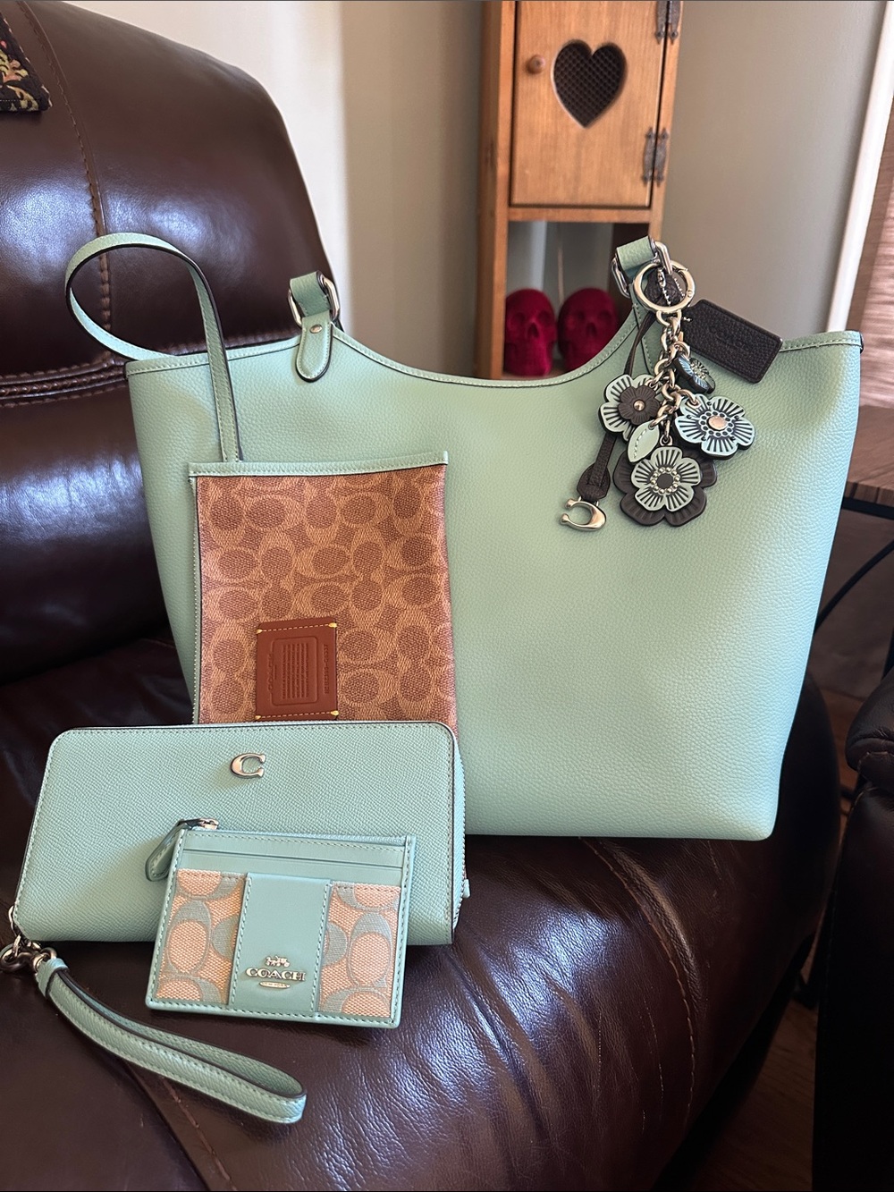 Coach Mint Green Leather Tote with Signature-Print Pouch and Wallet